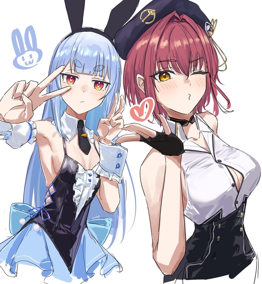 Hololive、宝钟玛琳、宝钟玛琳 (职场女性) 2名女孩 猫脸笑 发型长度变动 (更短) 兽耳 腋下