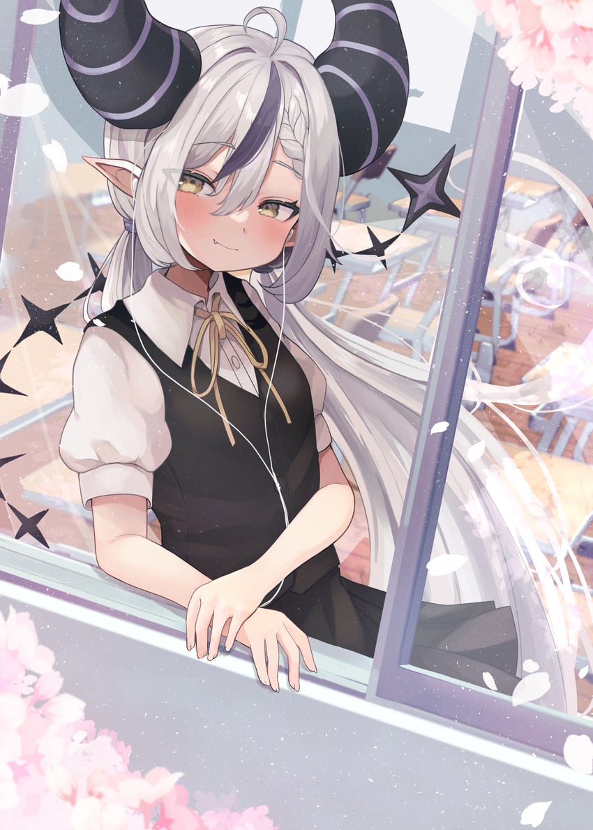 Hololive、拉普拉斯·达克尼斯 1名女孩 靠着窗台 呆毛 替换服装 不同发型