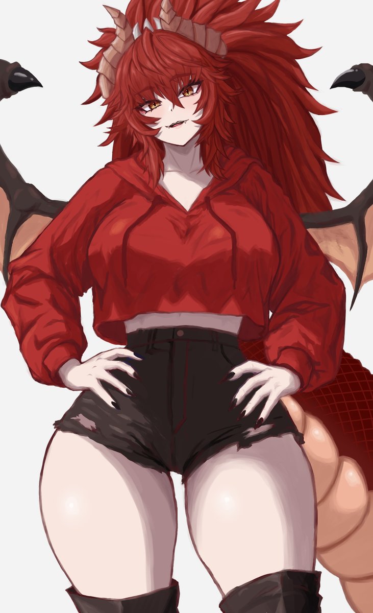袜子事务所、Zentreya、Zentreya (龙形态) 1名女孩 黑色指甲 黑色短裤 乳房 牛仔镜头