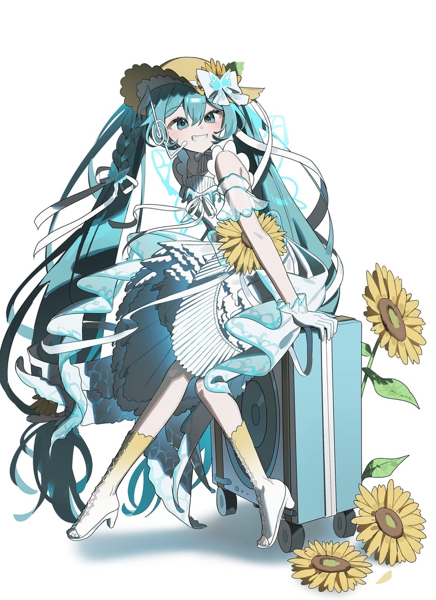 VOCALOID、初音未来 1名女孩 蓝眼 蓝发 连衣裙 花