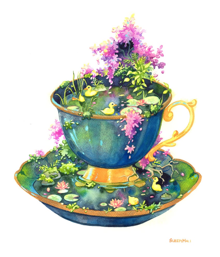 二次元插画 作者名 鸟 杯子 鸭子 花