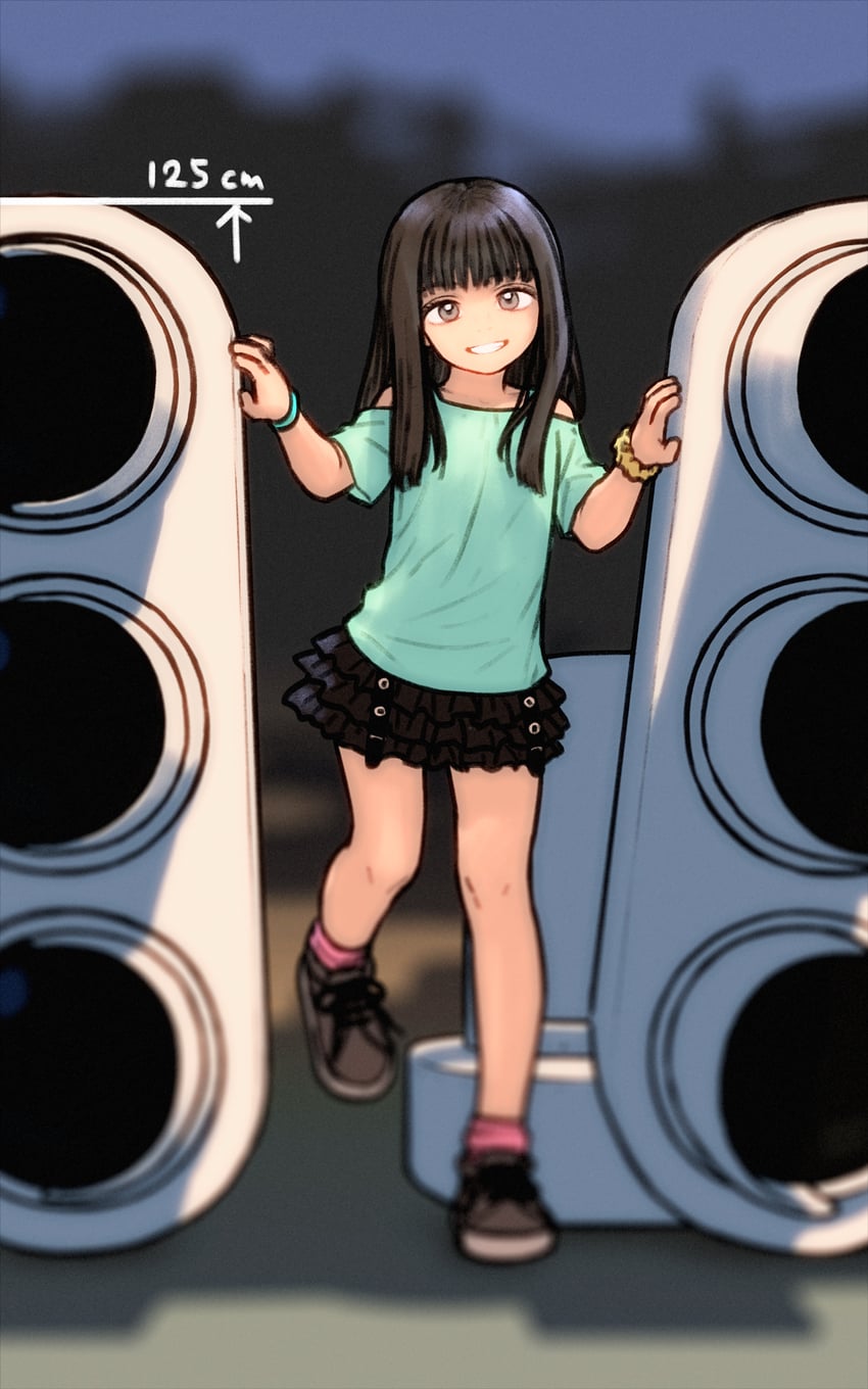 原创 1名女孩 水蓝色衬衫 黑发 黑色裙子 全身