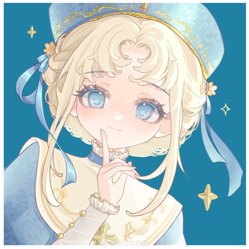 暖暖系列、闪耀暖暖、skyward ritual (shining nikki) 1名女孩 贝雷帽 金发 蓝色背景 蓝色项圈