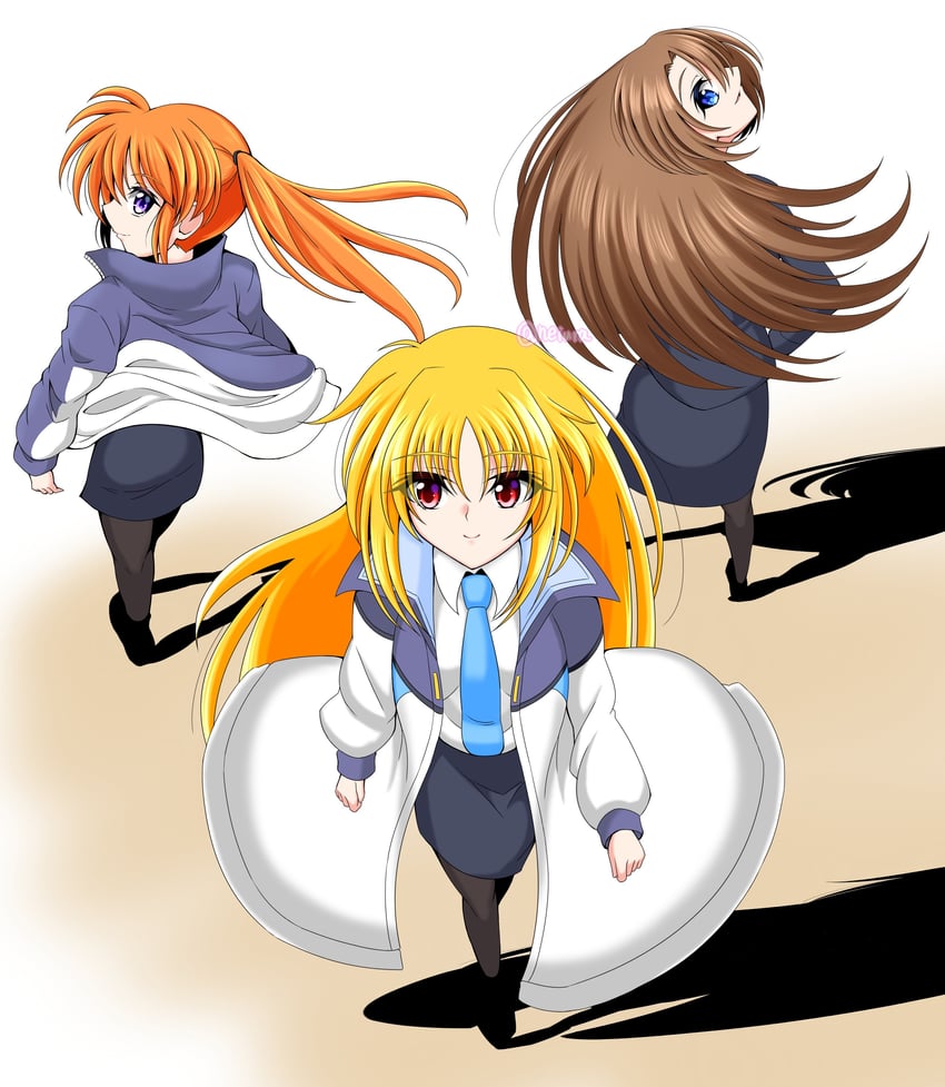 魔法少女奈叶、魔法少女奈叶Exceeds：枪火复仇、菲特·泰斯特罗莎 3人女子 黑色夹克 黑色连裤袜 黑色裙子 金发