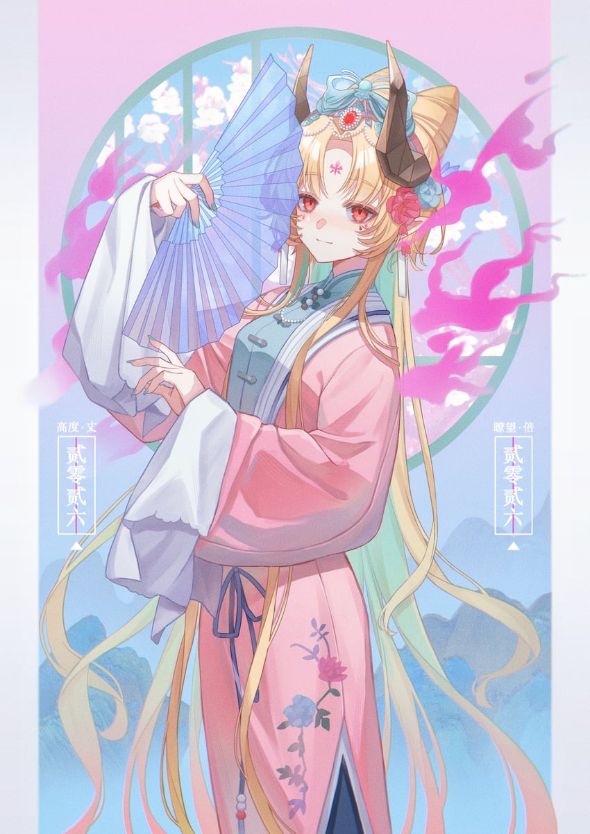 明日方舟、philae (an opera of flowers) (arknights)、菲莱（明日方舟） 1名女孩 金发 蓝色指甲 中国风服饰 脸部印记