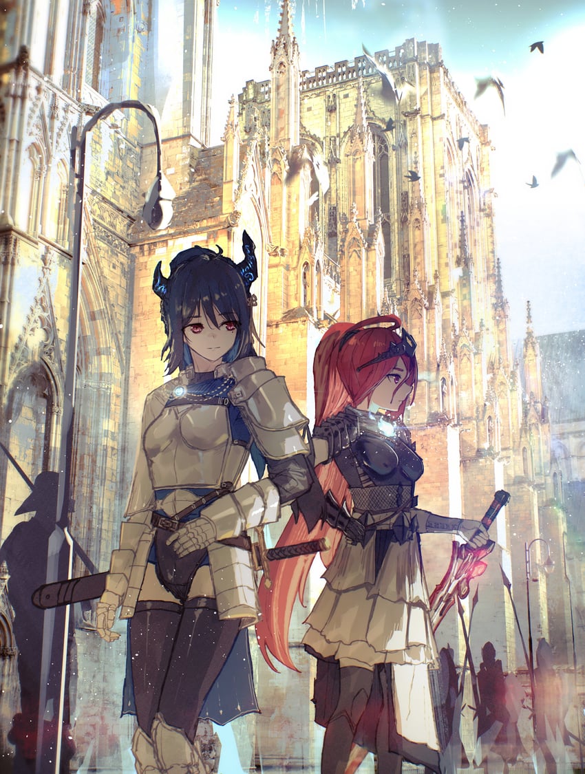 Hololive、Hololive英语、伊丽莎白·罗斯·血焰 2名女孩 呆毛 铠甲 不对称角 鸟