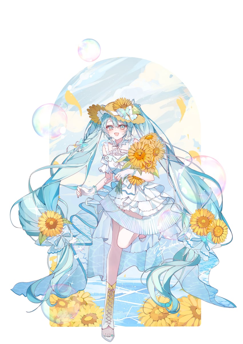 魔法未来(Vocaloid)、VOCALOID、初音未来 1名女孩 水色瞳 水色发 水蓝色指甲 露肩