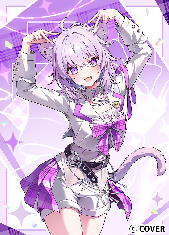Hololive、猫又小粥 1名女孩 呆毛 兽耳 举起双手 腰带