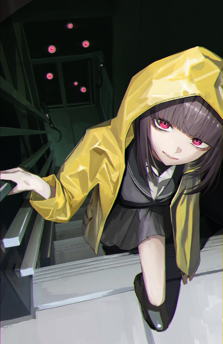 原创 1名女孩 黑色靴子 黑色水手领 黑色水手服 黑色裙子