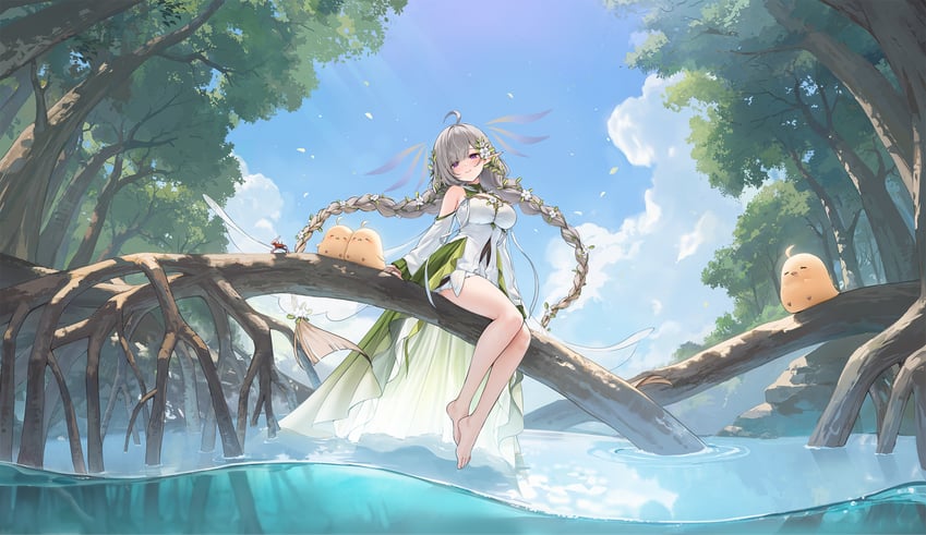 碧蓝航线、埃弗森 (碧蓝航线)、evertsen (guardian fae of the mangroves) (azur lane) 1名女孩 呆毛 赤脚 辫子 乳房