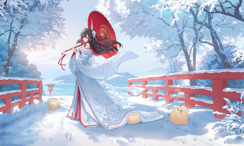 碧蓝航线、初月 (碧蓝航线)、hatsuzuki (red bridge of fate) (azur lane) 1名女孩 后背蝴蝶结 蝴蝶结 乳房 棕发