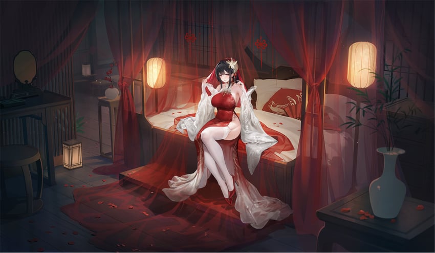 碧蓝航线、chen hai (a night of passion) (azur lane)、镇海 (碧蓝航线) 1名女孩 露肩 黑发 乳房 婚礼长手套
