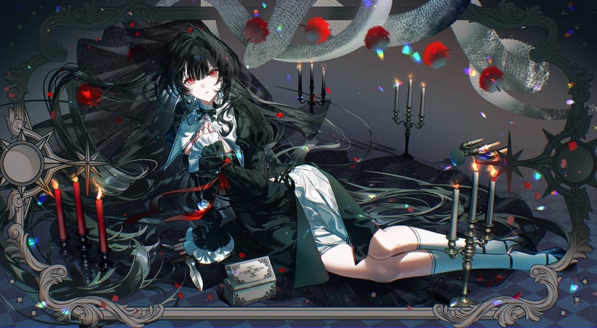 原创 苹果 黑色连衣裙 黑发 蝴蝶结 烛光