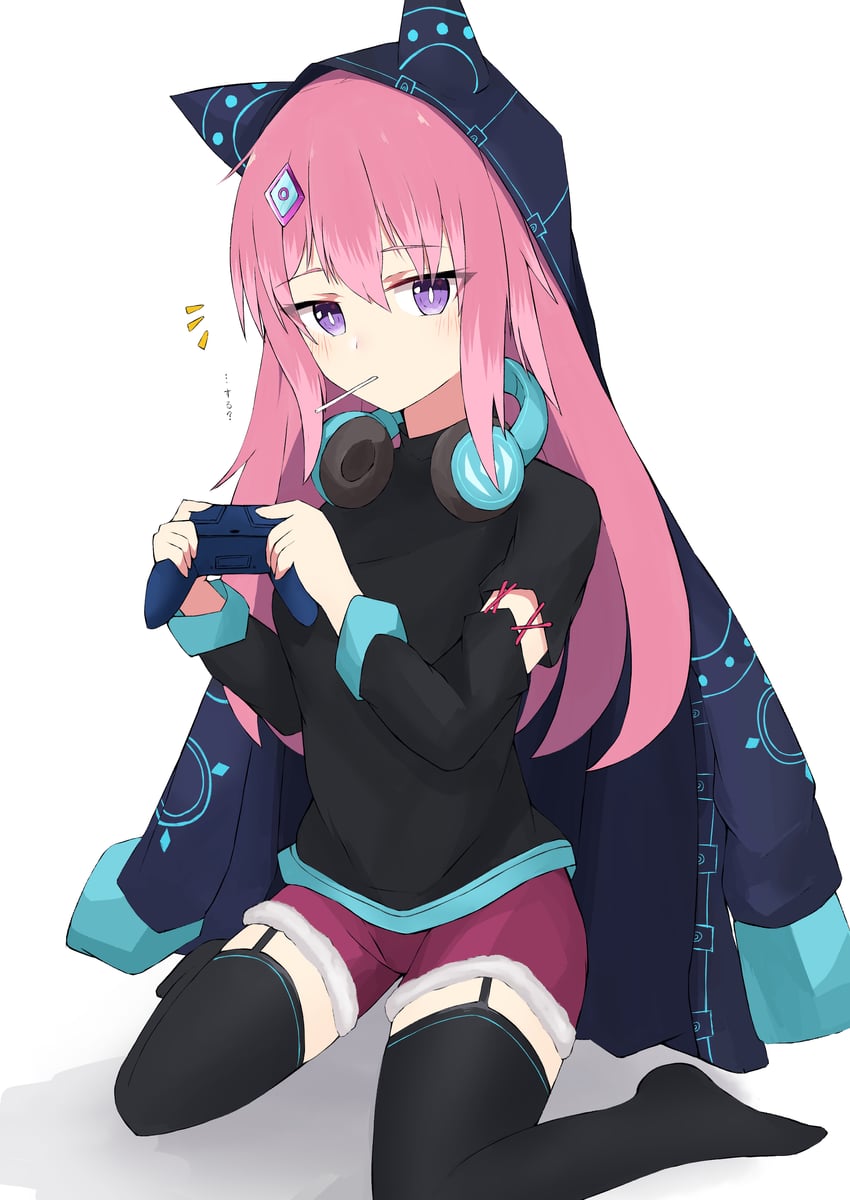 原创 1名女孩 黑衬衫 黑色过膝袜 蓝色夹克 脸红