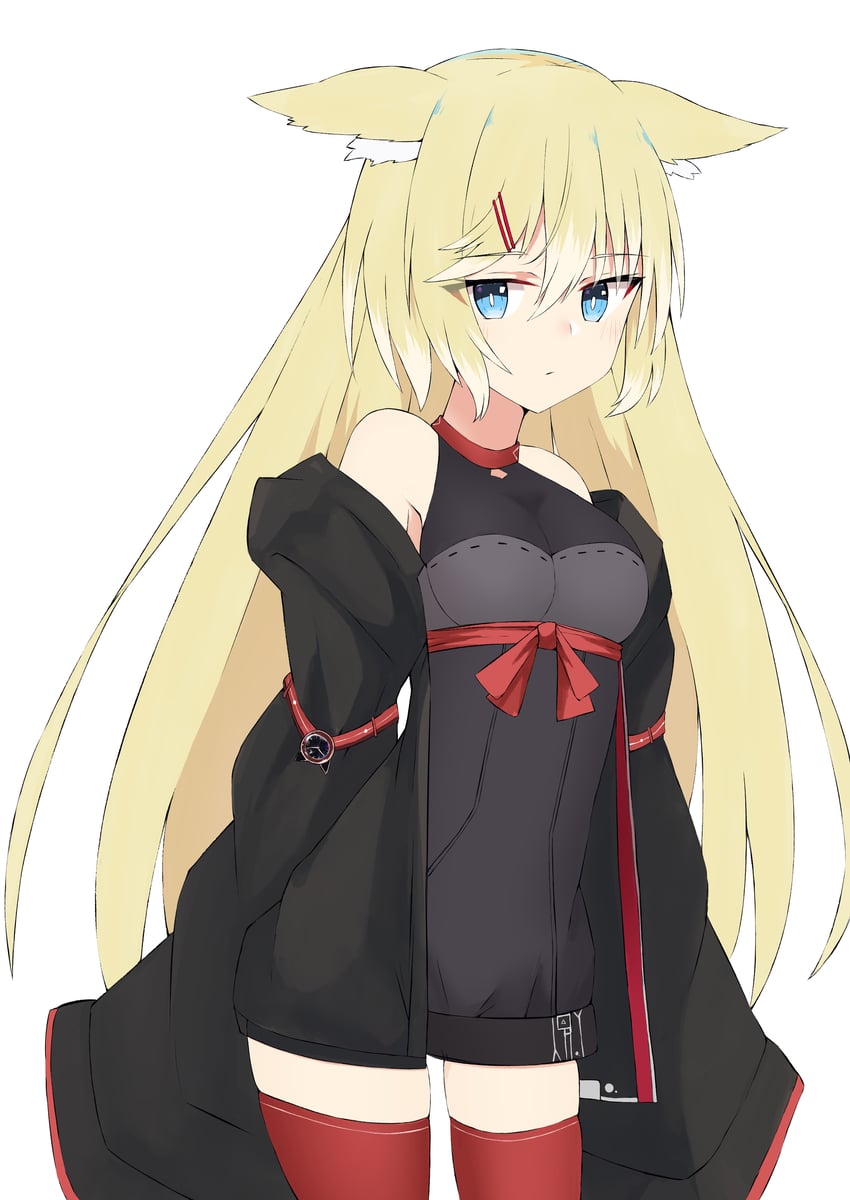 原创 1名女孩 兽耳毛 兽耳 露肩 黑色夹克