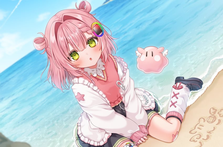 个人势虚拟主播、nijipuka nuhu (vtuber) 1名女孩 惊讶 手臂置于腿间 膝盖上的绷带 海滩