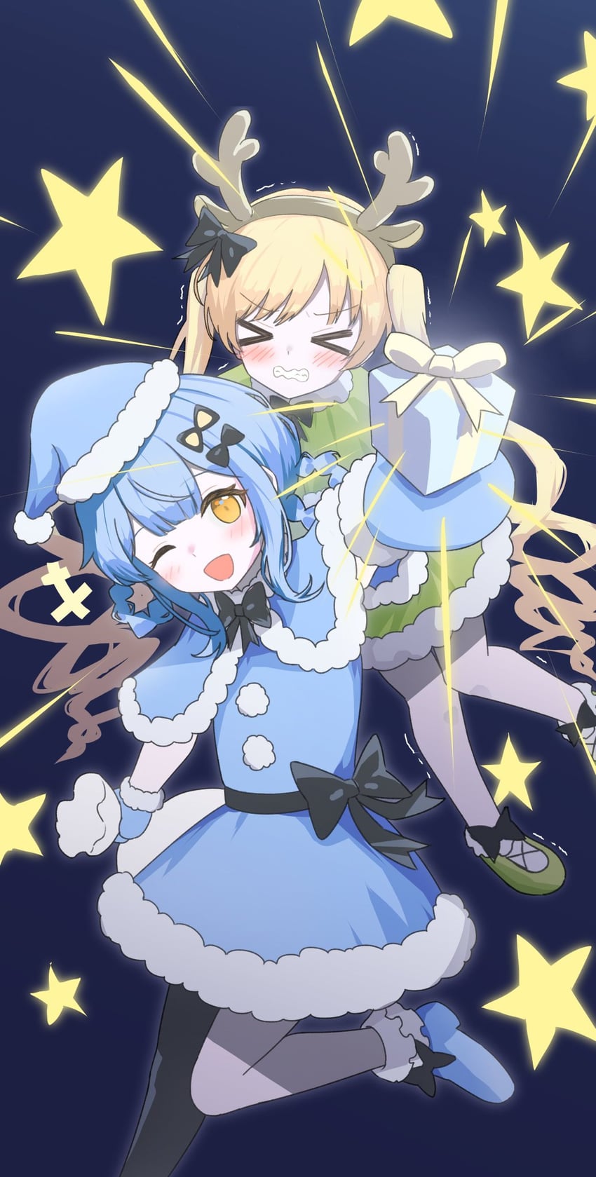 魔法少女的小镇审判、立花雪莉、外能范奈 2名女孩 :D 微笑 闭眼挤眼 不对称腿部穿着