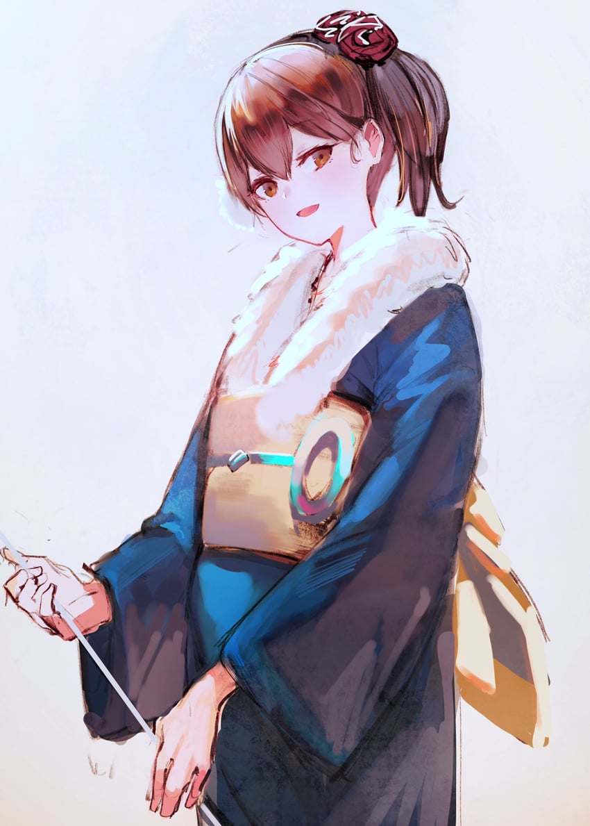 舰队Collection、加贺 (舰娘)、加贺 (新年) (舰Collection) 1名女孩 蓝色和服 棕眼睛 棕发 花