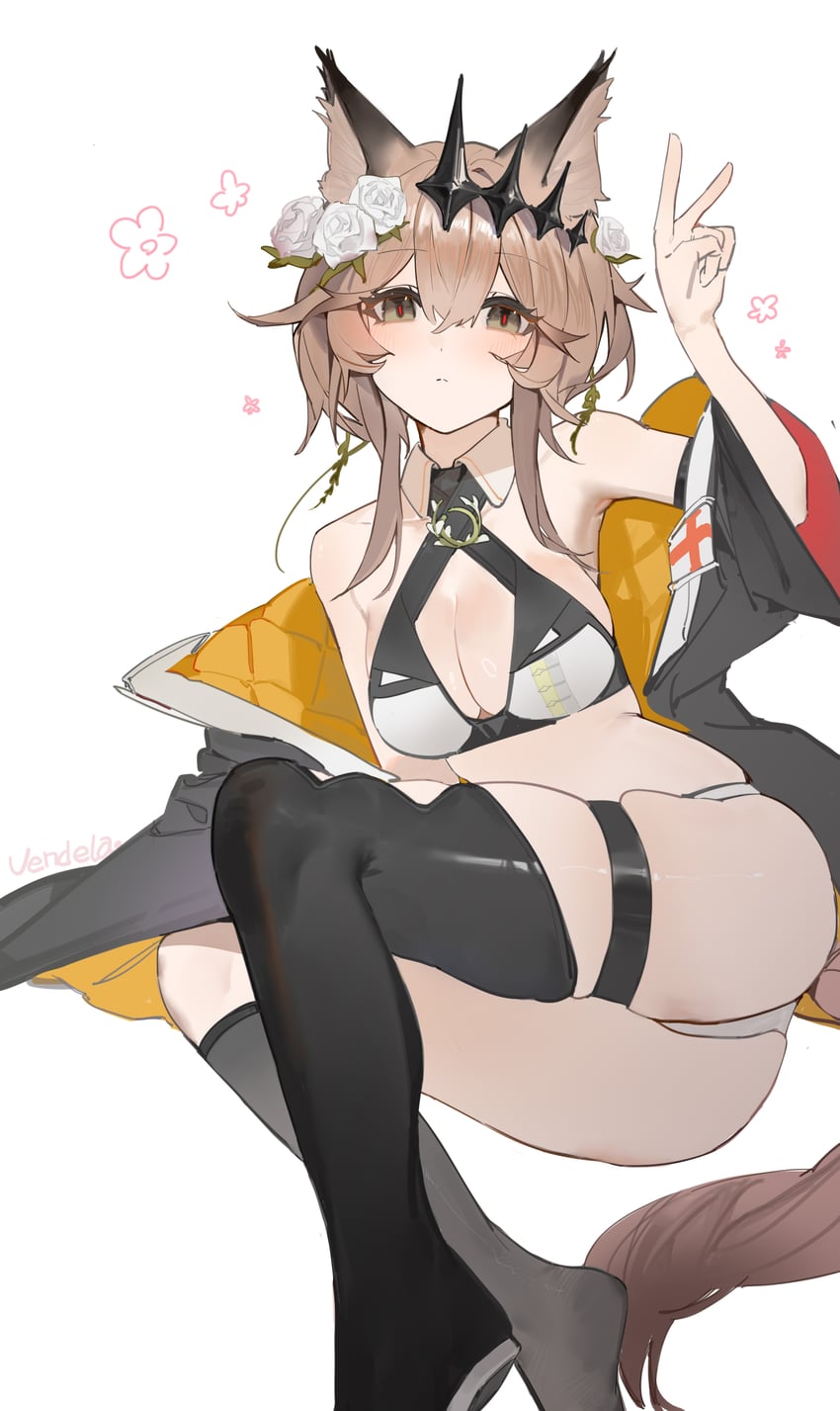 明日方舟、万顷 (明日方舟) 1名女孩 兽耳 腋下 屁股 露肩