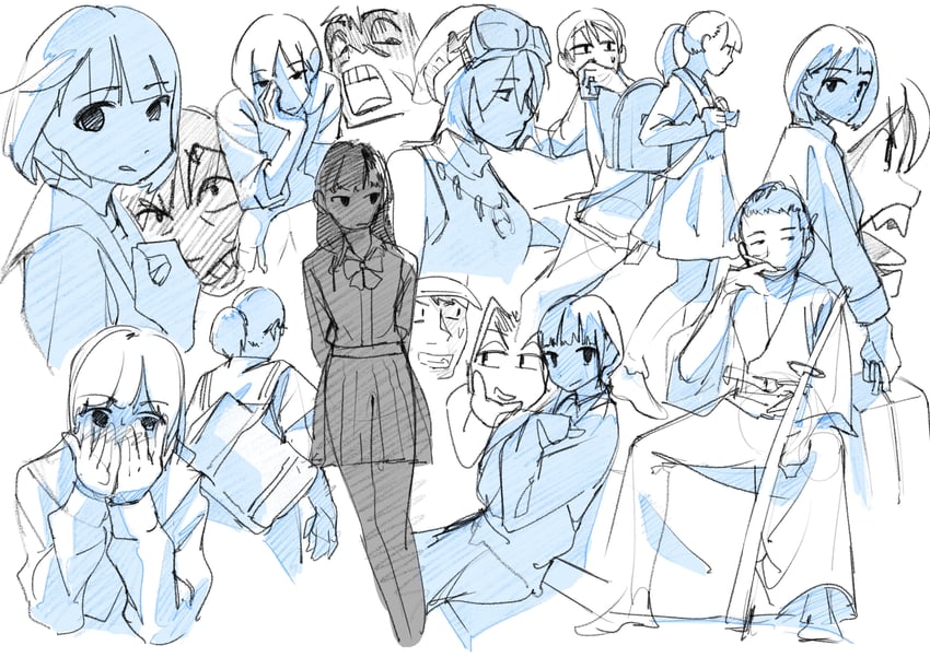 原创 1名女孩 黑发 blue lines 蓝色主题 齐刘海
