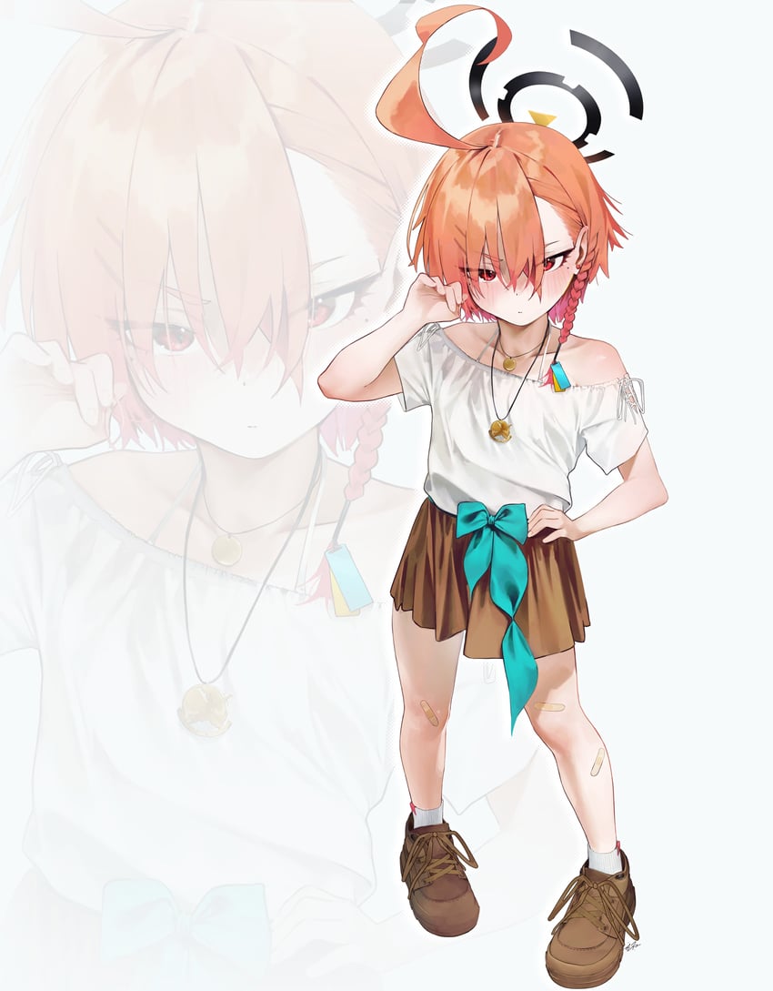 蔚蓝档案、美甘宁瑠 (蔚蓝档案) 1名女孩 呆毛 创可贴 腿上的创可贴 黑色光环