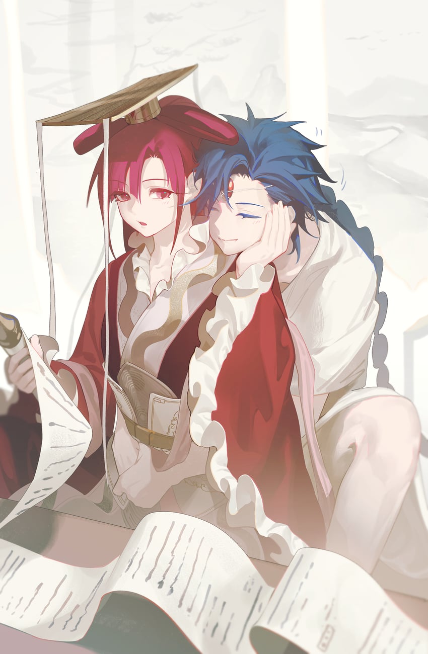 魔笛MAGI、阿拉丁 (魔笛MAGI)、练红玉 1名男孩 1名女孩 蓝发 辫子 书法卷轴