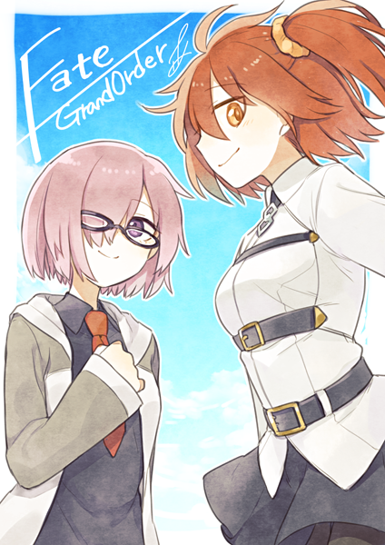 Fate/Grand Order、Fate系列、藤丸立香 (女性) 2名女孩 黑框眼镜 黑衬衫 黑色裙子 乳房