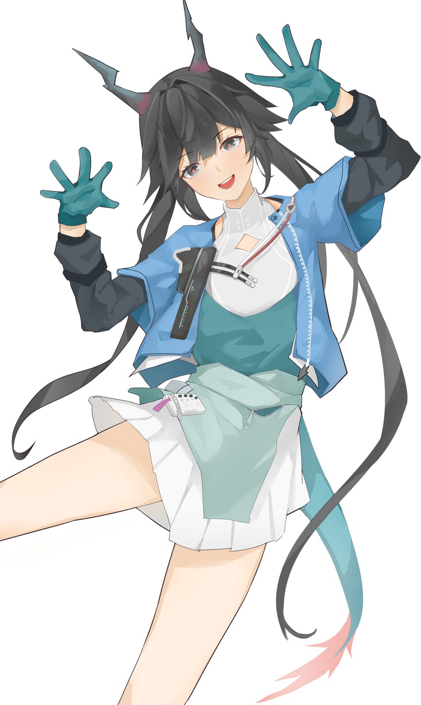 明日方舟、明日方舟：终末地、陈千语 (明日方舟) 1名女孩 水蓝色手套 举起双手 黑瞳 黑发
