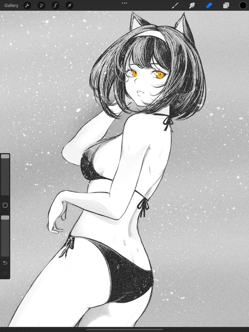 原创 1名女孩 兽耳 画框中的绘图软件 比基尼 乳房
