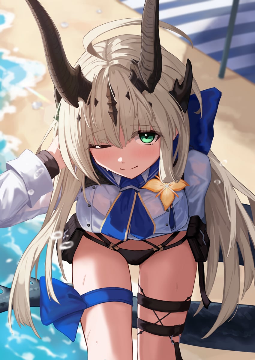 明日方舟、苇草、焰影苇草 (明日方舟) 1名女孩 ;) 海滩 金发 蓝色丝带