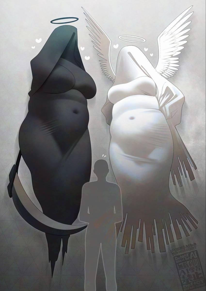 原创 1名男孩 2名女孩 天使翅膀 黑色光环 乳房