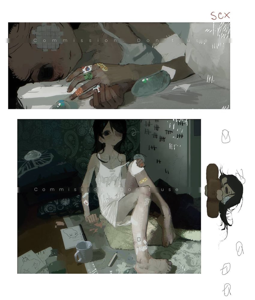 原创 1名女孩 创可贴 黑发 吊带背心 Q版