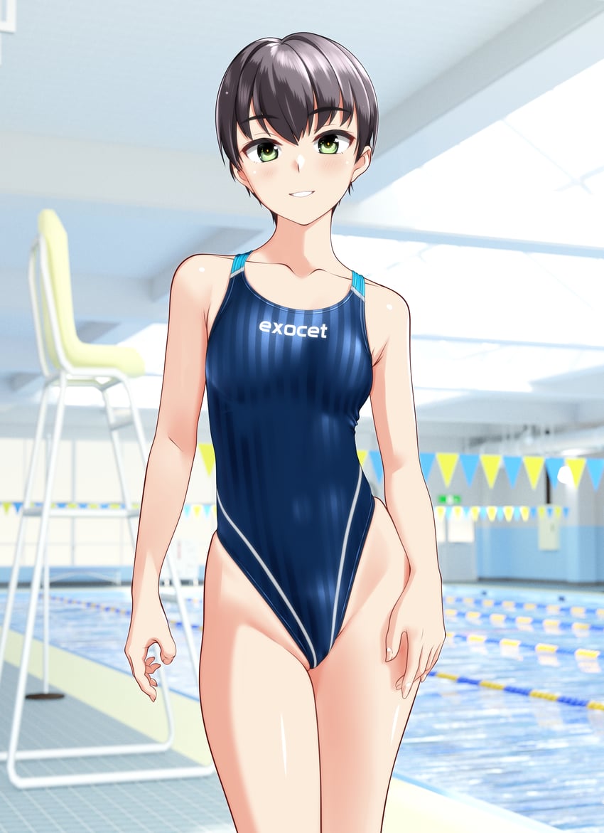 原创 1名女孩 黑发 蓝色连体泳衣 乳房 椅子