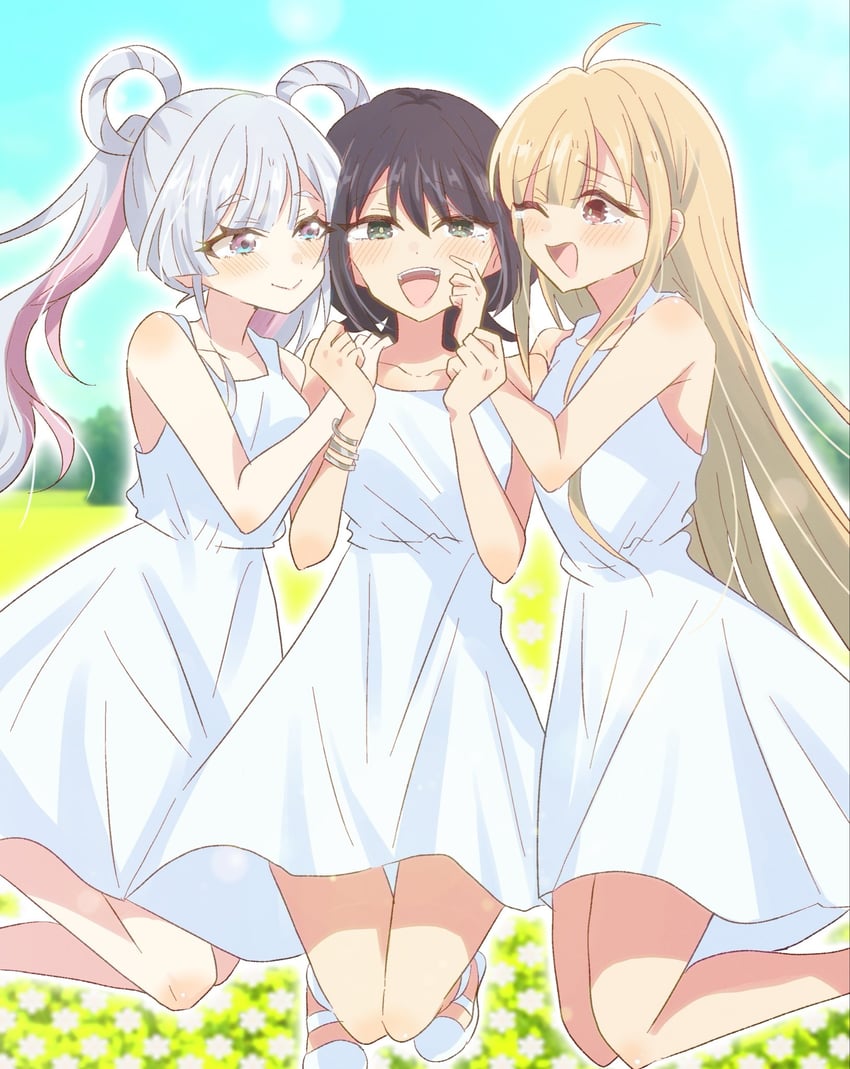 超辉夜姬!、辉夜 (超辉夜姬!)、留奈美八千代 3人女子 露肩 金发 脸红 手链