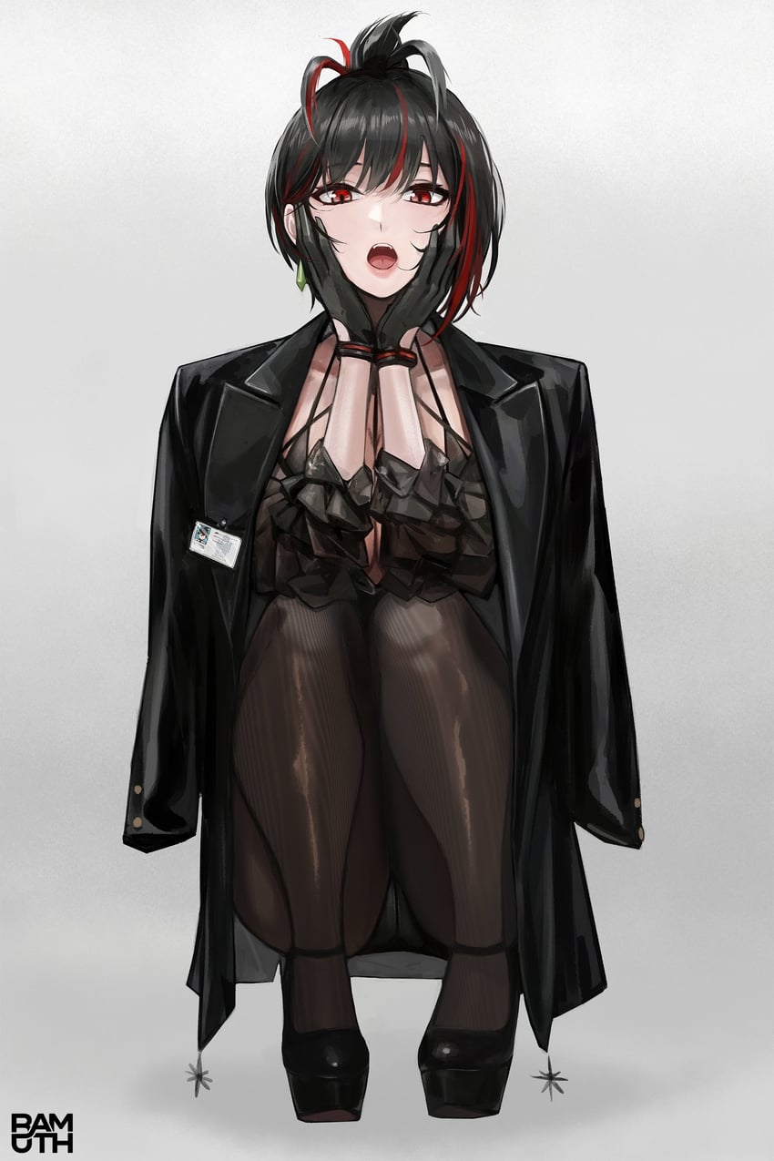 原创 1名女孩 作者标志 不对称发型 黑色大衣 黑色手套
