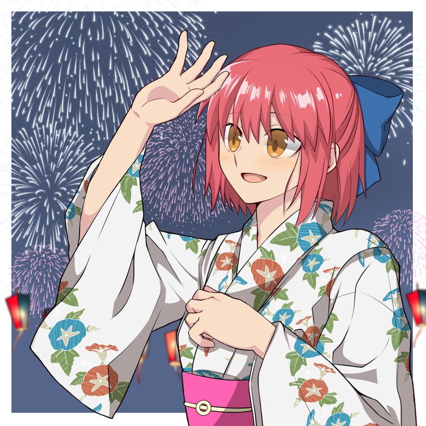 月姬、琥珀 (月姬) 1名女孩 :D 烟花 举手 蓝色蝴蝶结