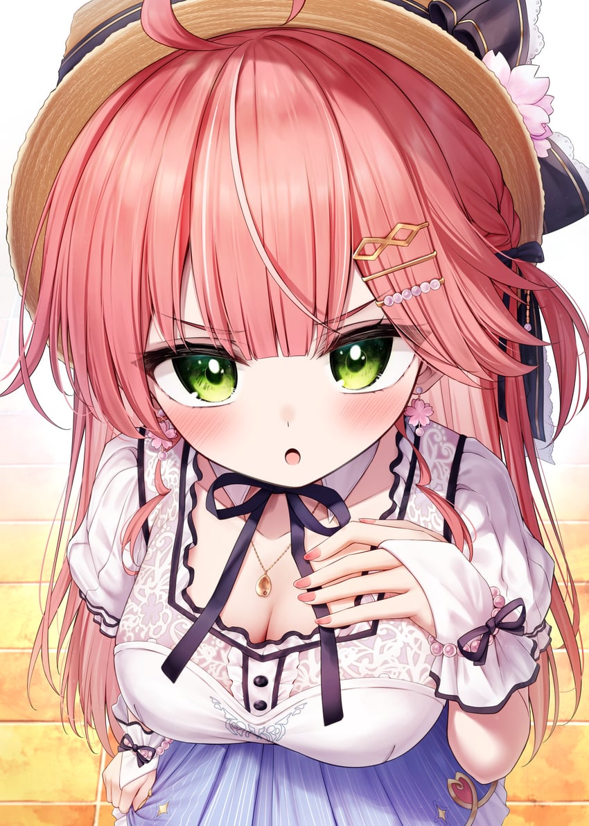 Hololive、樱巫女、樱巫女 (街头装) 1名女孩 惊讶 呆毛 黑色丝带 蓝裙子