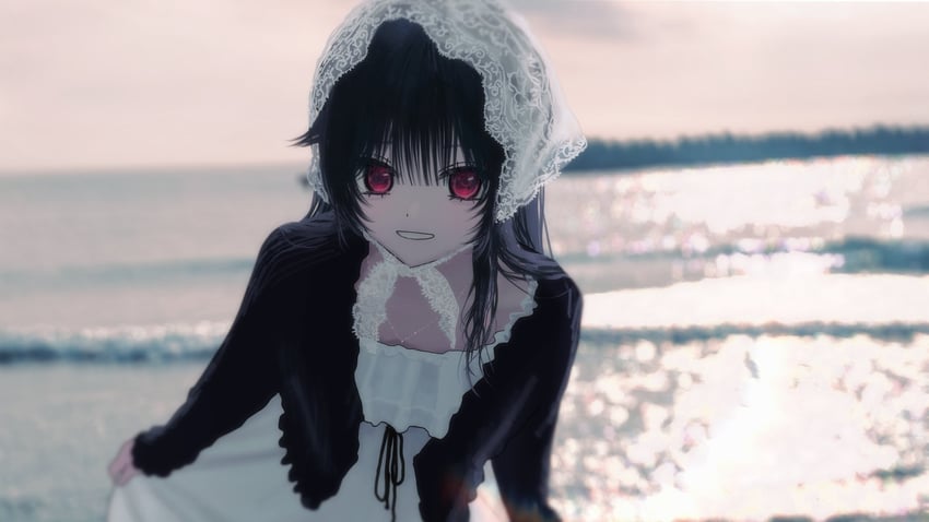 原创 1名女孩 海滩 黑色针织衫 黑发 模糊