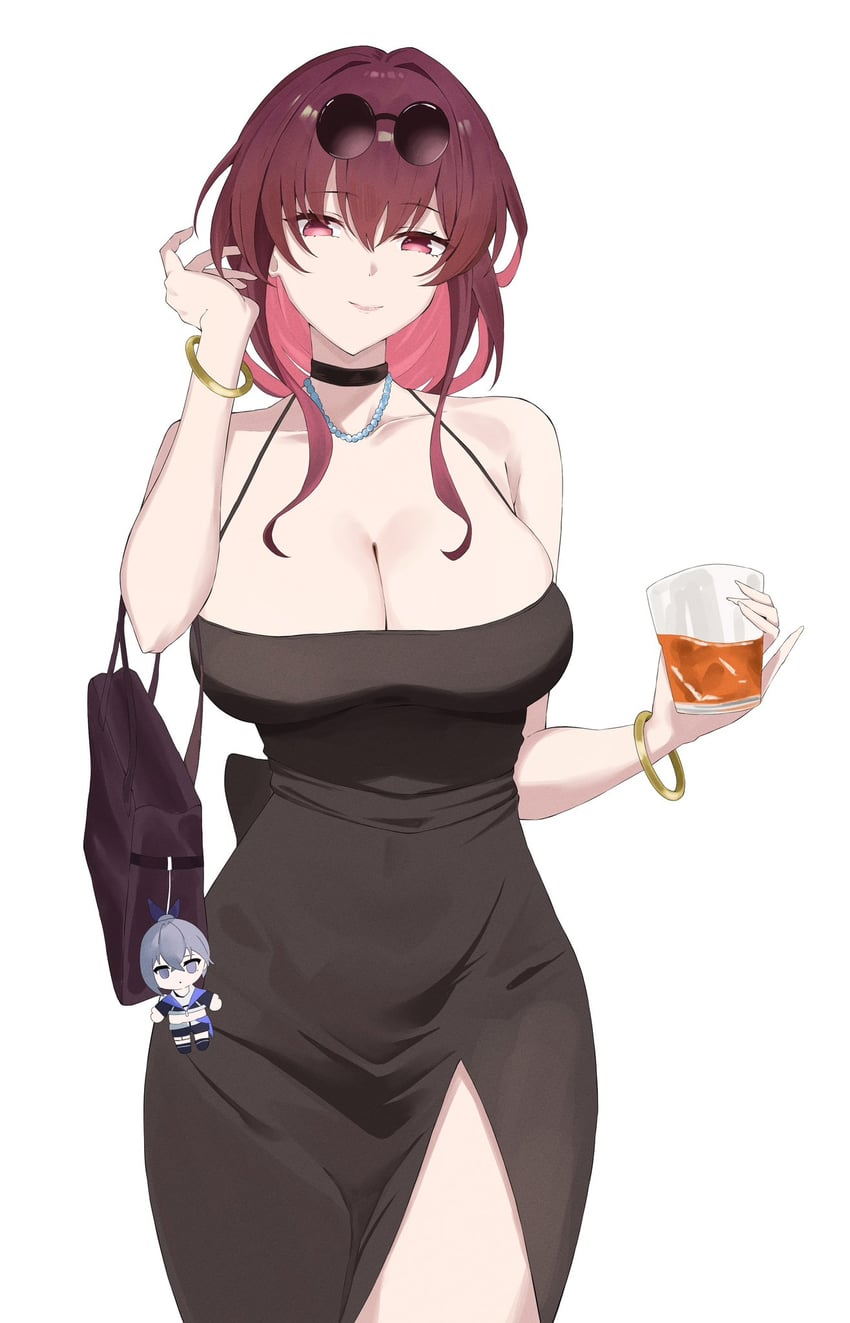 崩坏：星穹铁道、崩坏系列、卡芙卡 (崩坏：星穹铁道) 1名女孩 替换服装 黑色连衣裙 乳房 角色人偶