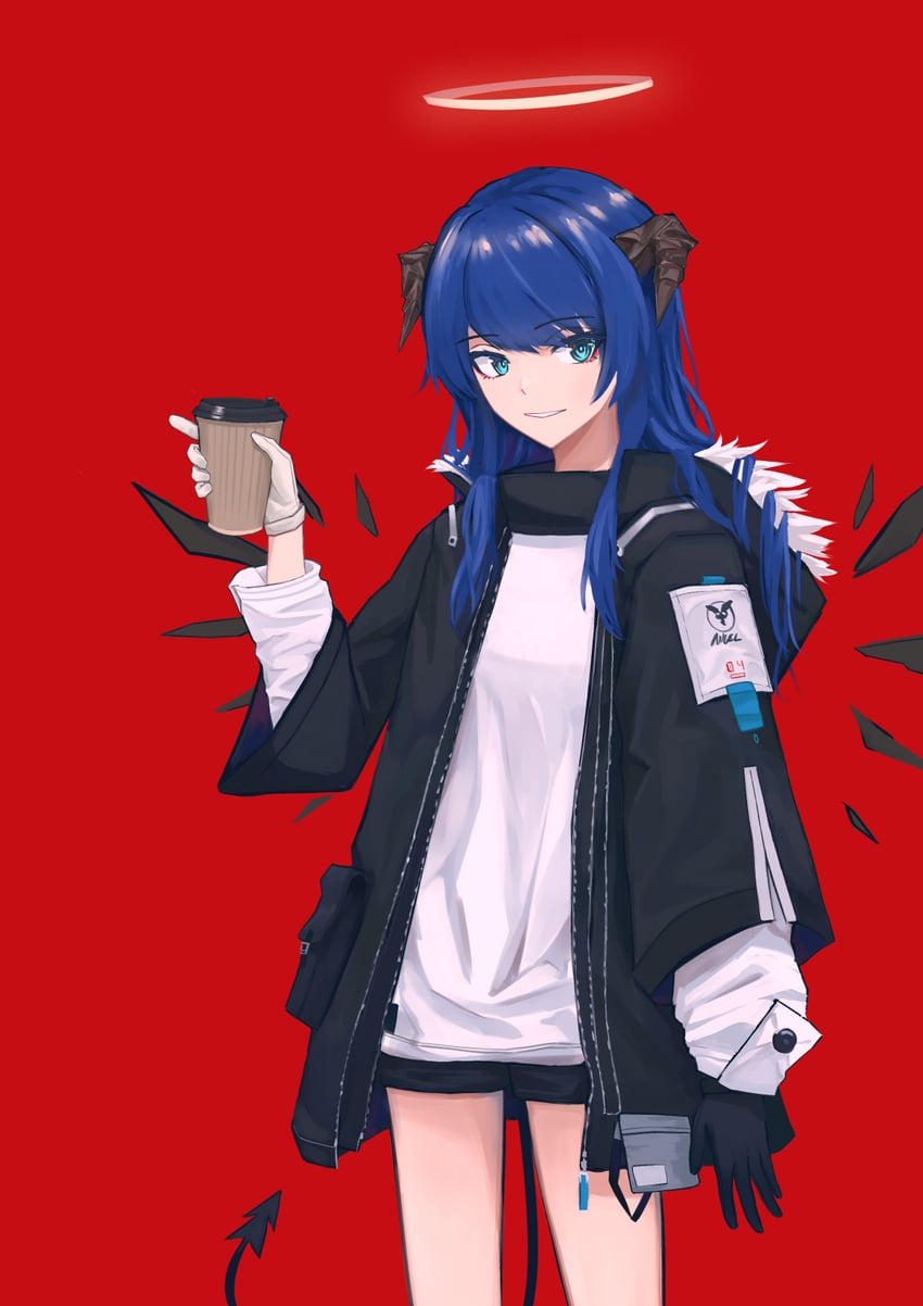 明日方舟、莫斯提马 (明日方舟) 1名女孩 不对称手套 黑色手套 黑角 黑色夹克