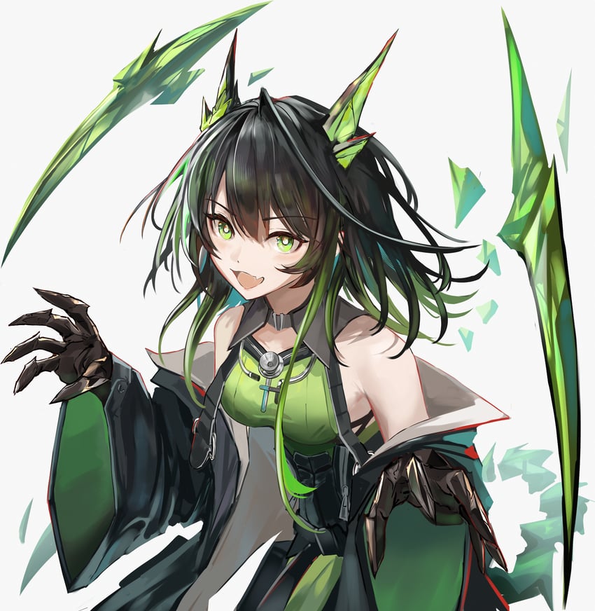 明日方舟、Mon3tr (明日方舟) 1名女孩 露肩 黑发 黑色夹克 乳房