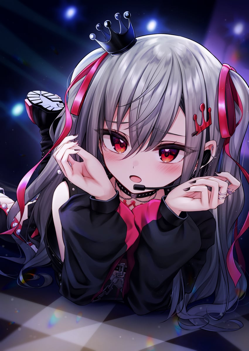 Hololive、hololive DEV_IS、猪崎理央那 1名女孩 黑色靴子 黑色项圈 黑色皇冠 黑色指甲