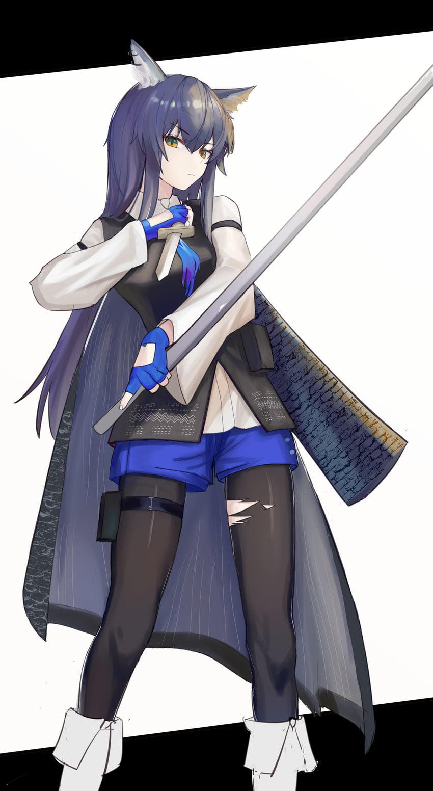 明日方舟、德克萨斯 (明日方舟)、缄默德克萨斯 1名女孩 兽耳 黑色披肩 黑发 黑色连裤袜