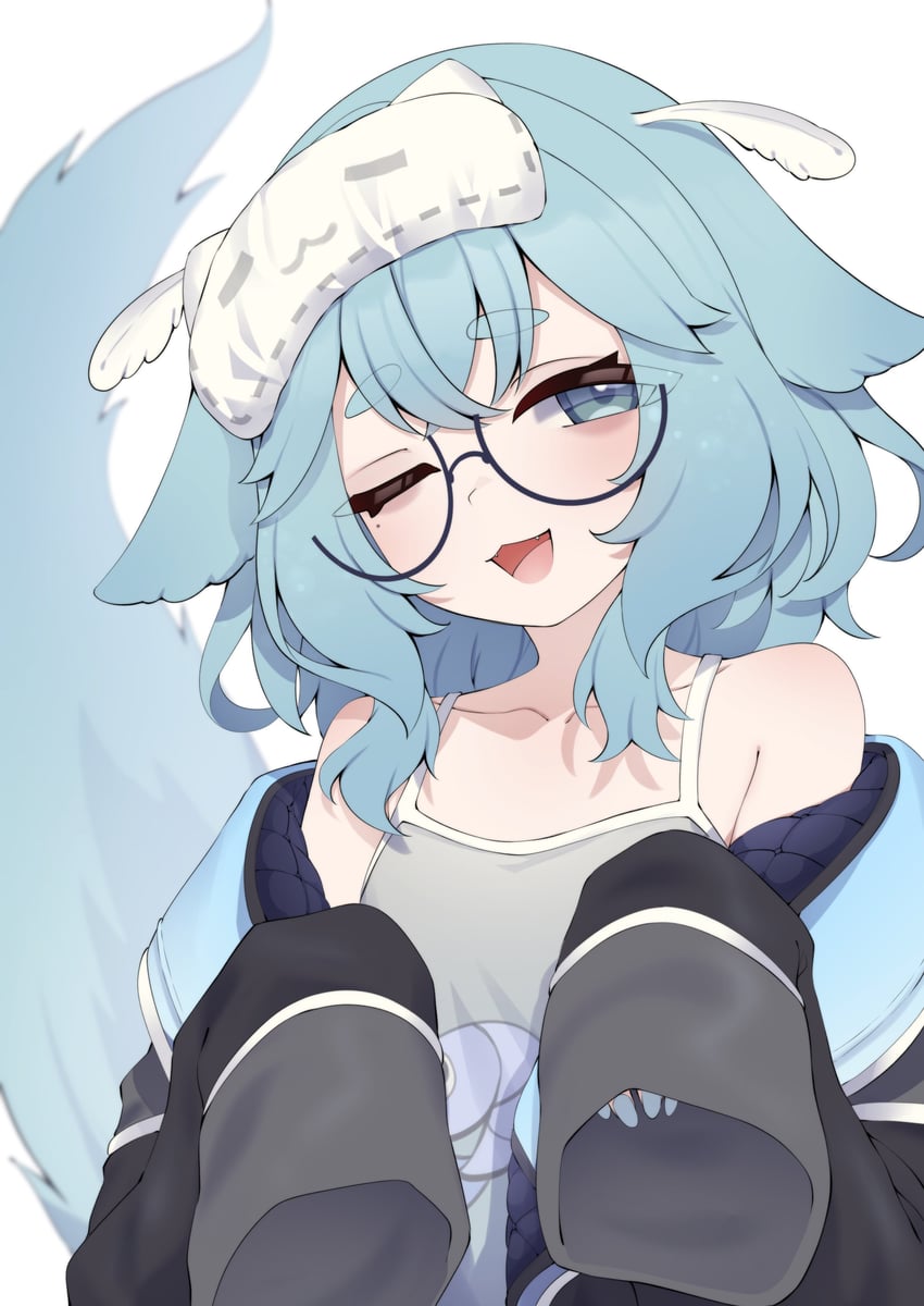 个人势虚拟主播、sleepiebug 1名女孩 兽耳 露肩 黑色夹克 蓝眼