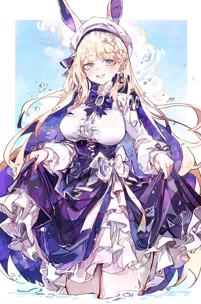 原创、blonde rabbit girl (jinsound) 1名女孩 兽耳 贝雷帽 金发 蓝色蝴蝶结