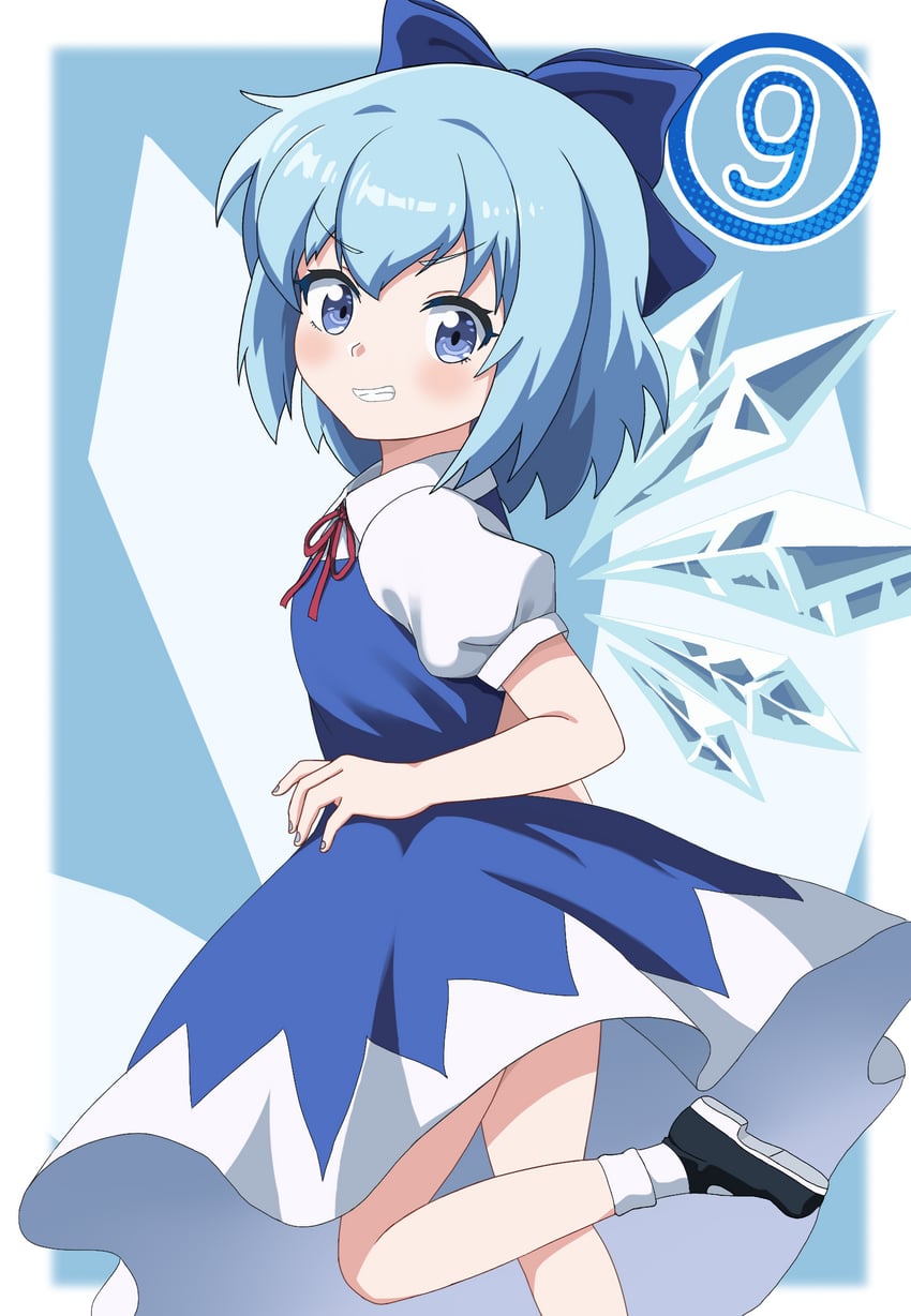 东方Project、琪露诺 1名女孩 黑鞋 蓝色背景 蓝眼 蓝发