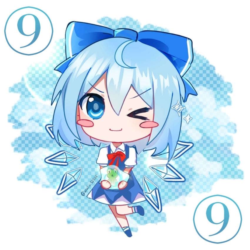 东方Project、琪露诺 1名女孩 ;) >_o (表情) 蓝色背景 蓝色蝴蝶结