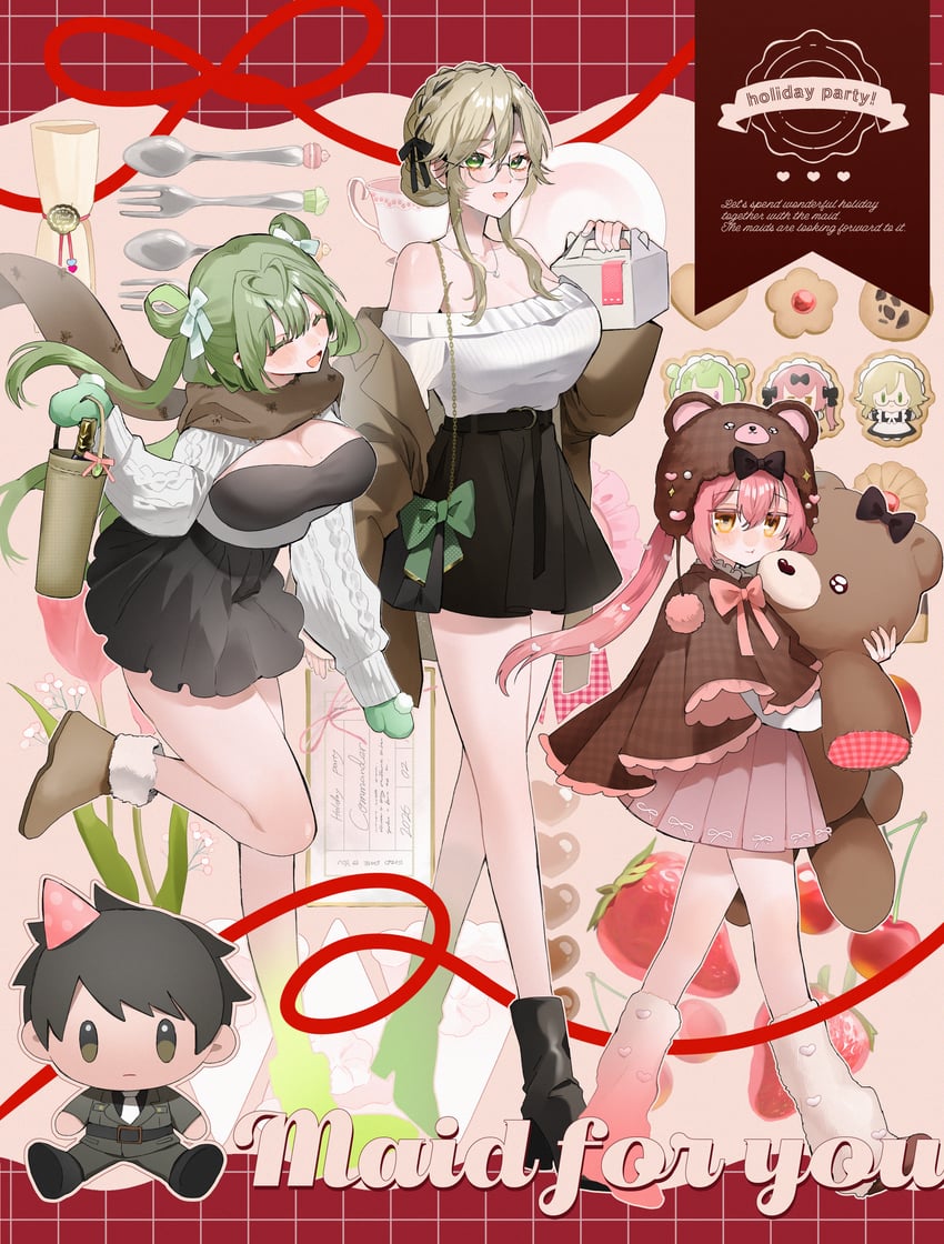 胜利女神：妮姬、阿德 (春日女仆) (胜利女神：妮姬)、阿德 (胜利女神：妮姬) 3人女子 替换服装 黑色裙子 金发 脸红
