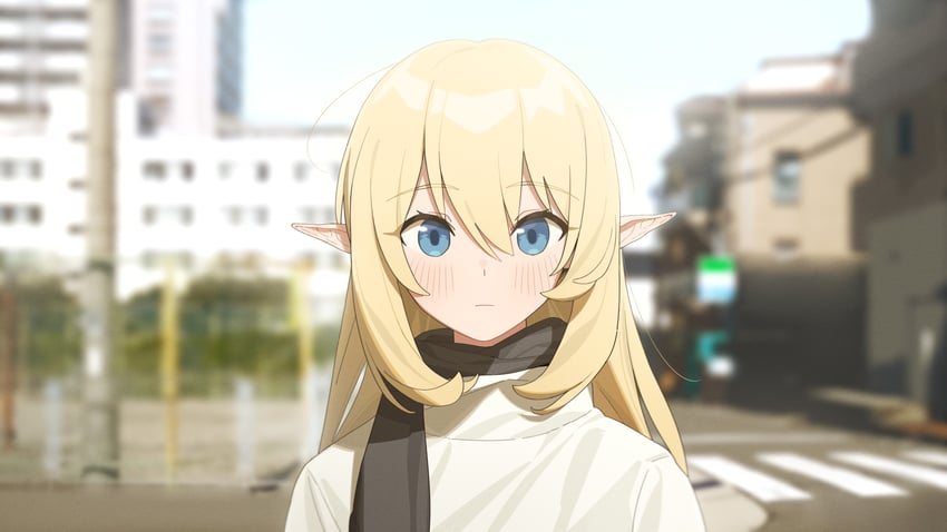原创 1名女孩 黑色围巾 金发 蓝眼 模糊