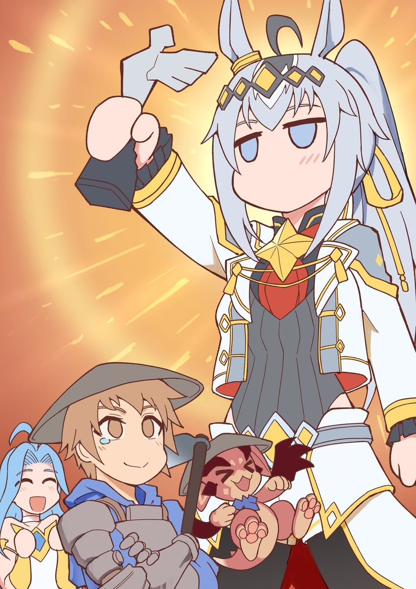 Cygames、碧蓝幻想、赛马娘 1名男孩 2名女孩 闭眼挤眼 铠甲 蓝色斗篷